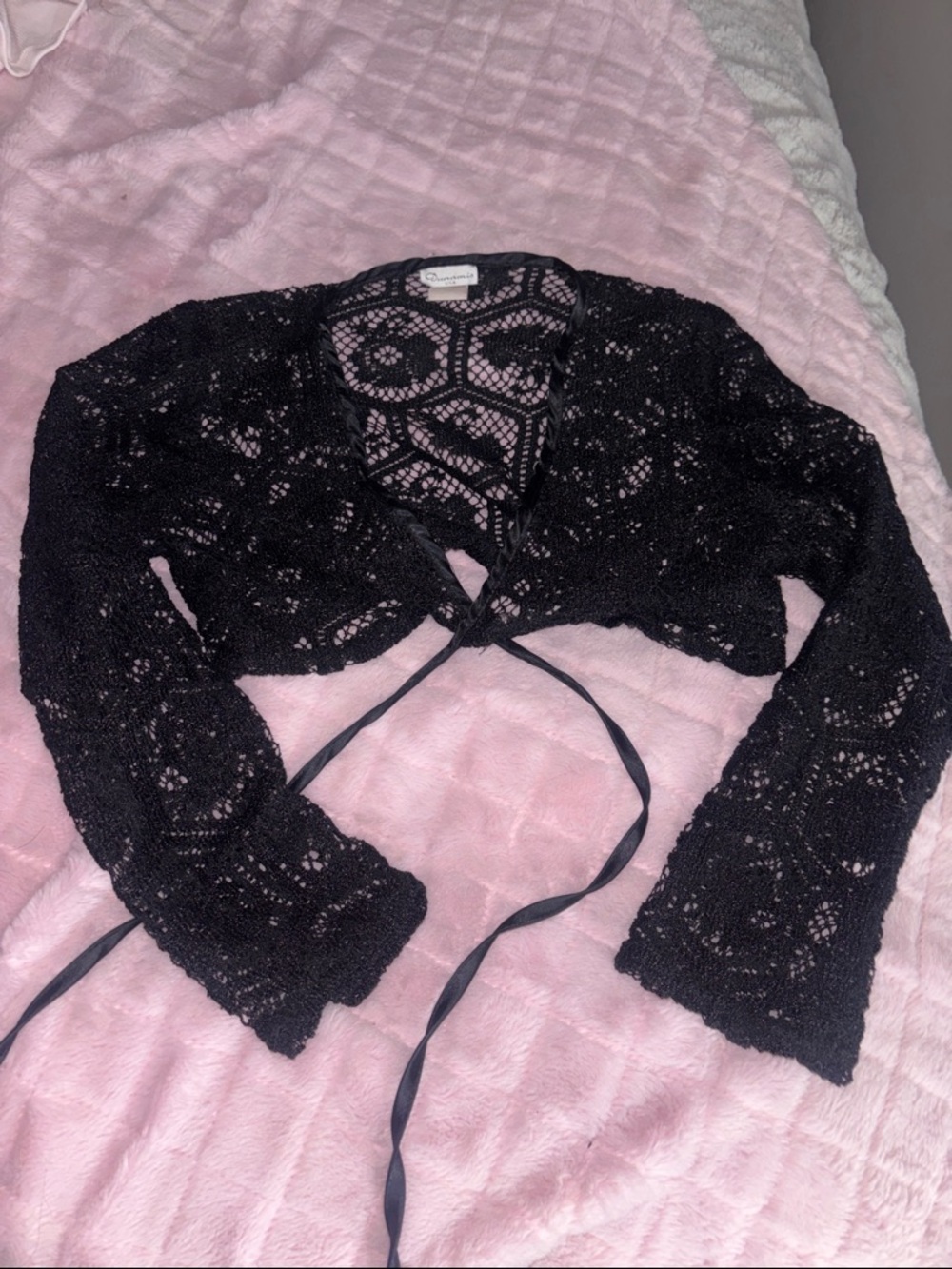 Black Crochet Tie-Front Crop Top